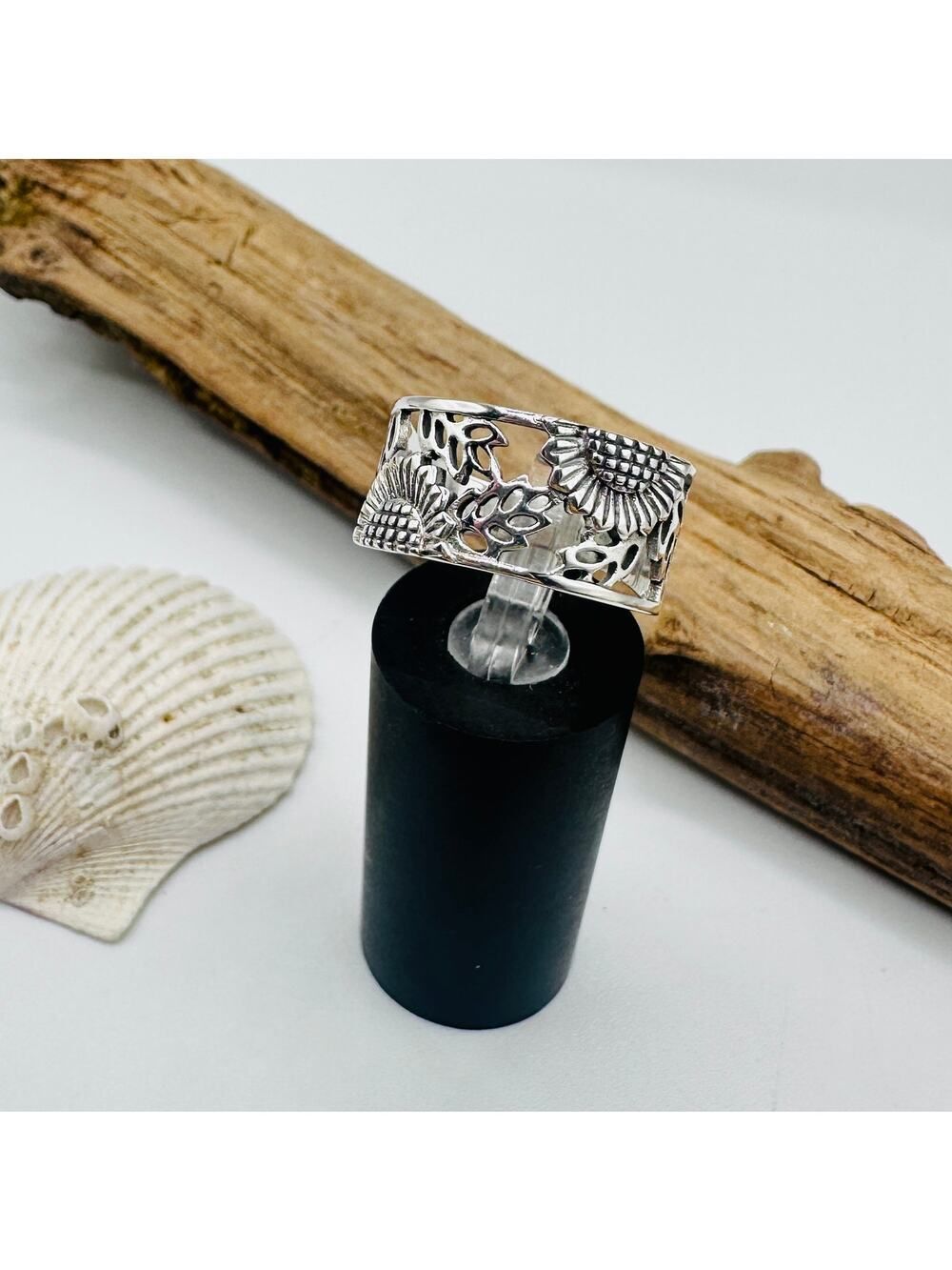 Sterling Silver Sunflower Wide Band Ring, Flower Ring, Sun Ring